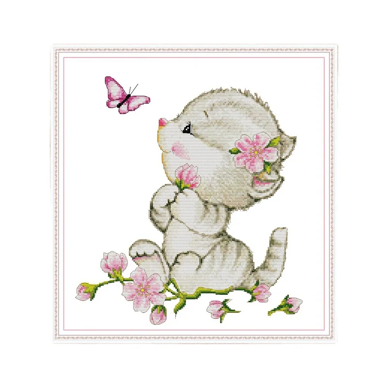 

Cat and Butterfly Painting Counted Cross-stitch Embroidery Kit Printed on Canvas 14CT 11CT DMC DIY Handmade for Needlework Sets