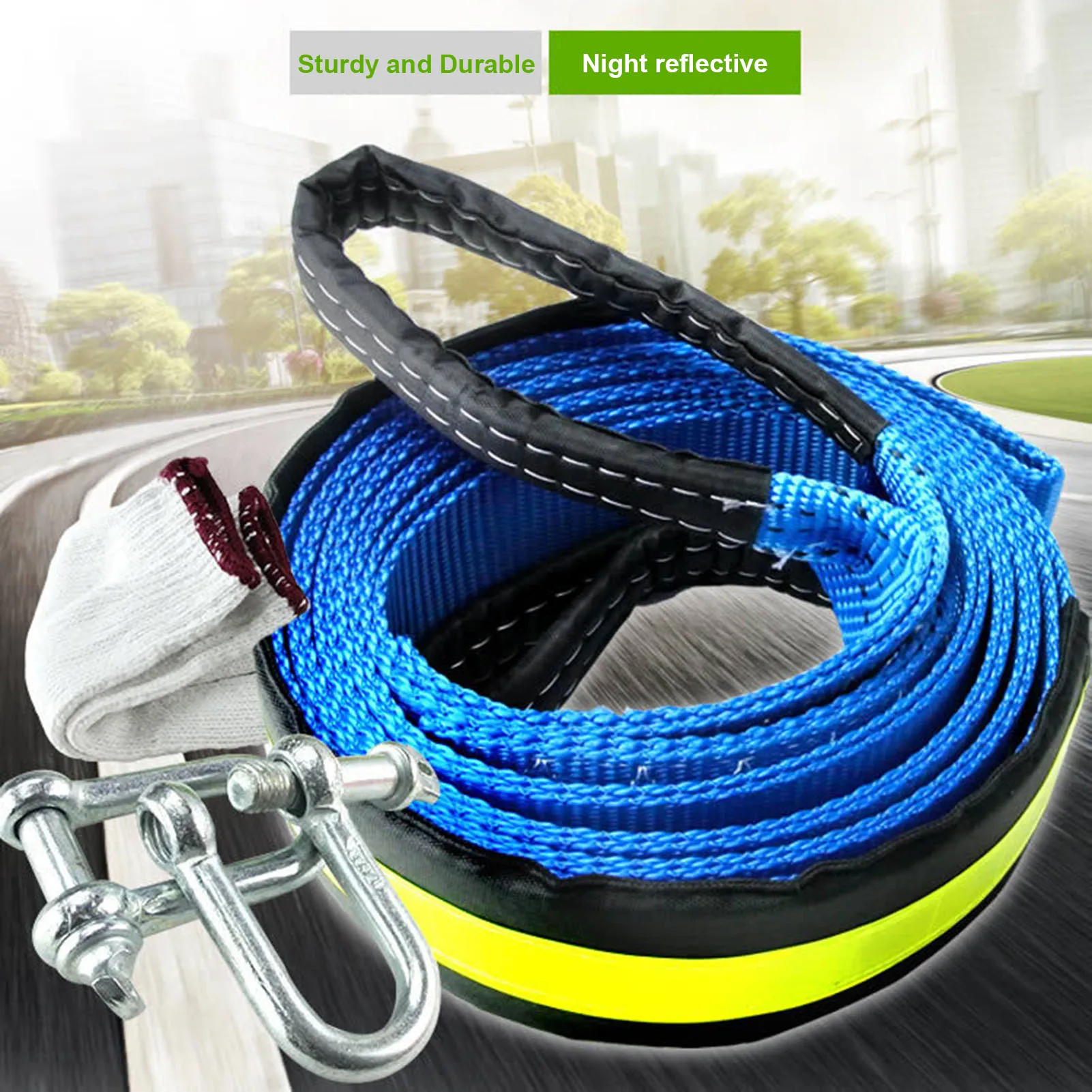 

5M 8 Tons Car Towing Recovery Rope Kit Heavy Duty Reflective Tow Strap Accessories With Hooks For Truck Off-road Emergency Tool