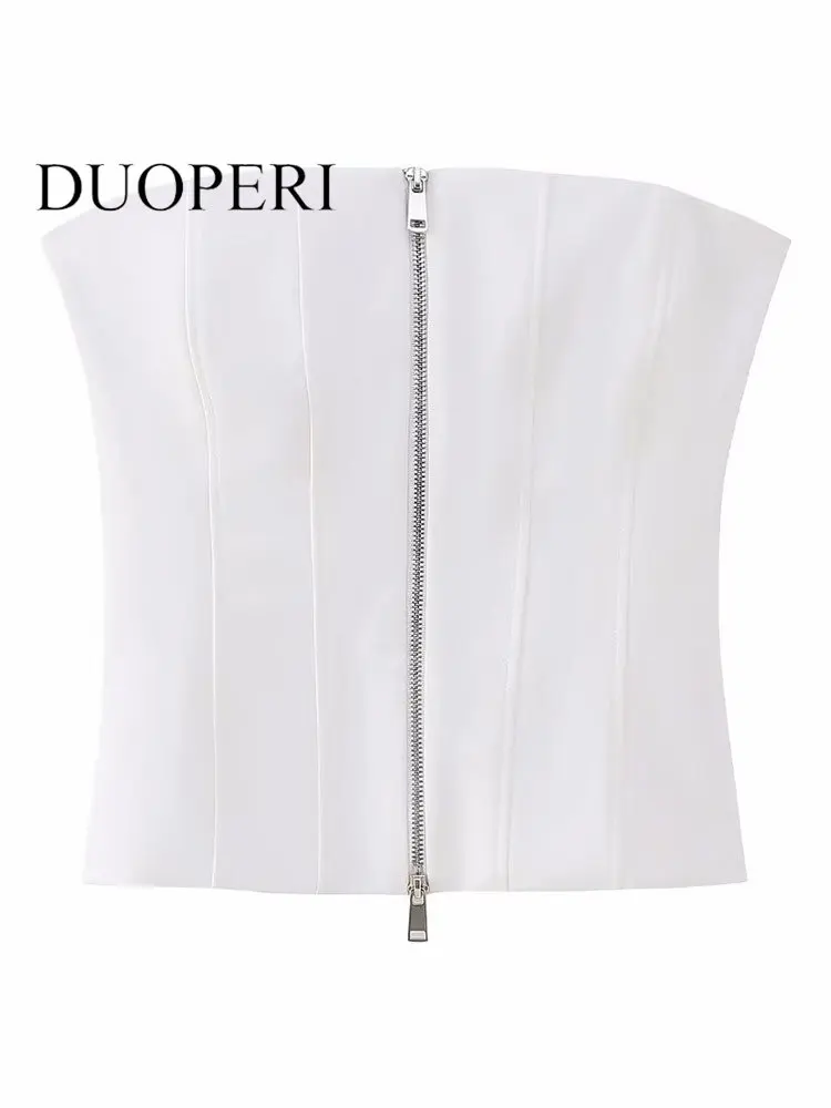 

Женский модный белый корсет DUOPERI на молнии спереди, топы, винтажные женские шикарные топы без бретелек с воротником-лодочкой