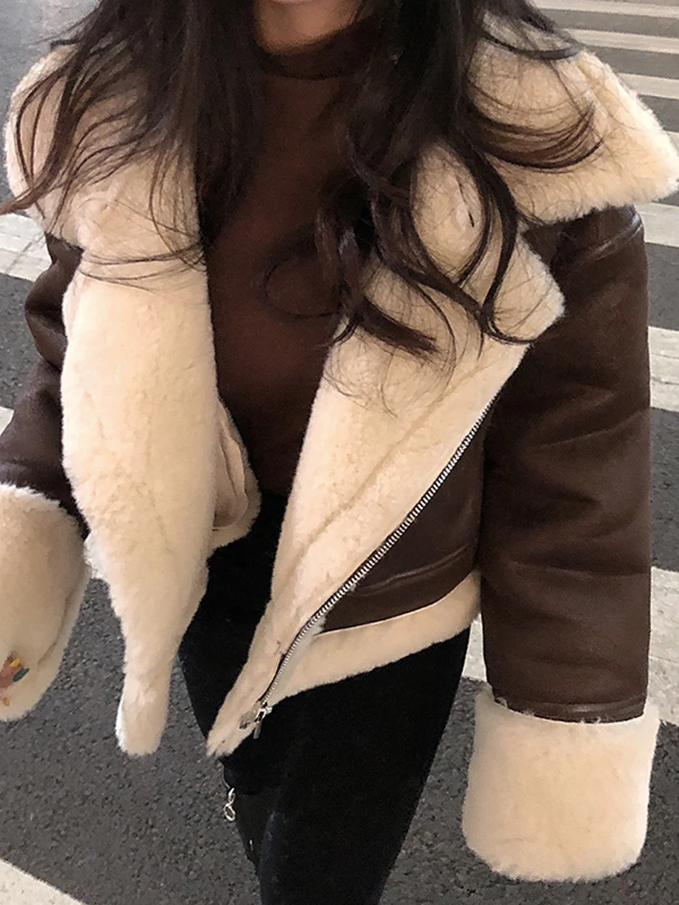 YICIYA lamb fur faux leather jacket Autumn winter warm Imitation coat with belt turn Women's aviator jacket Warm Women's Jacket