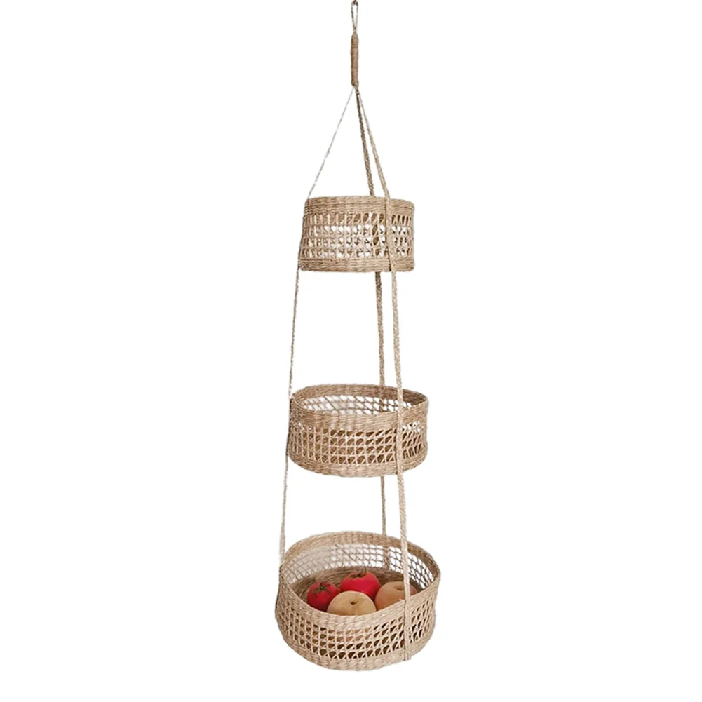 

Natural Woven Wicker Hanging Fruit Basket 3 Tier Design for Space Saving Perfect for Organizing Kitchen Essentials
