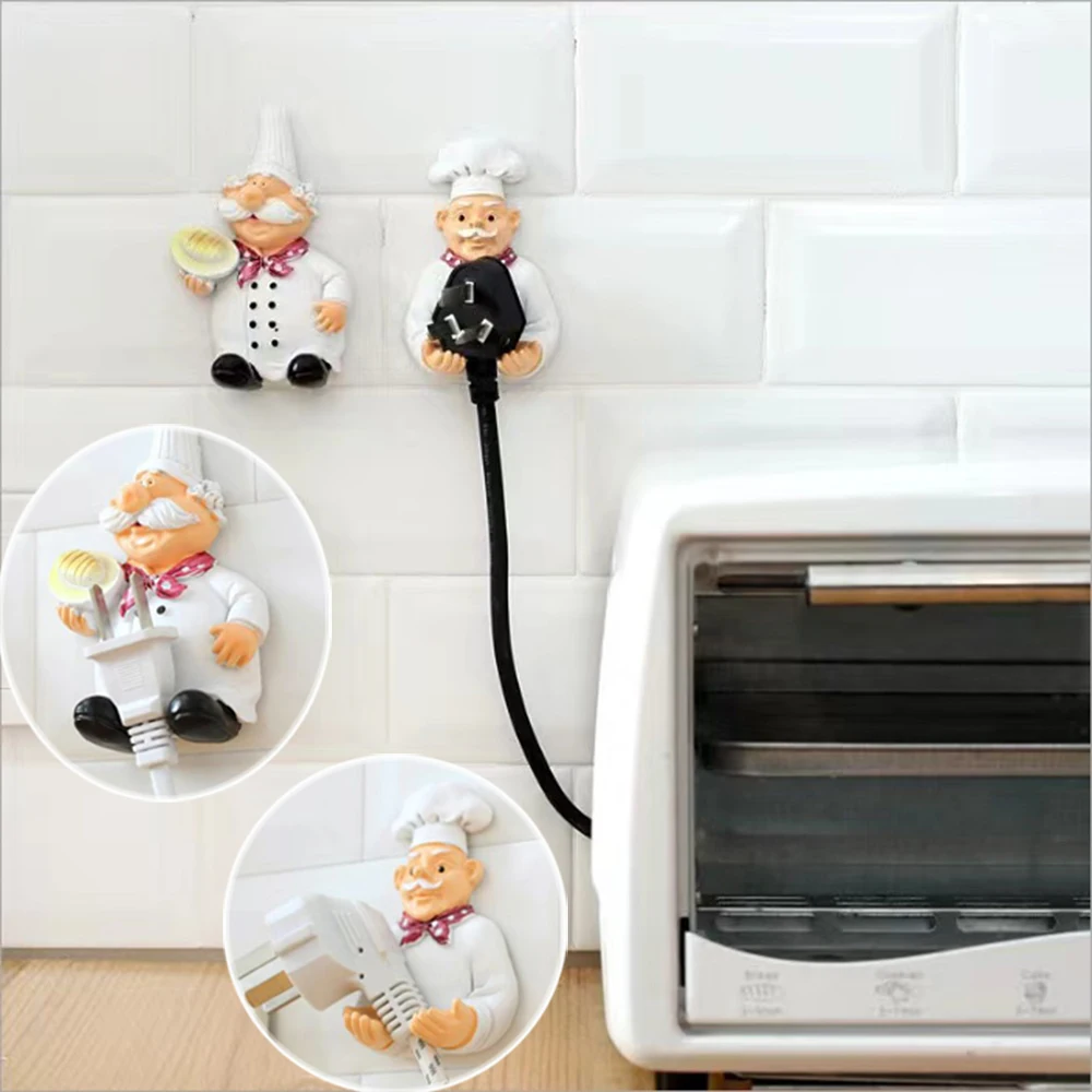 

Cute Cartoon Power Cord Storage Rack Men Chef Plug Hook Strong Adhesive Hooks Creative Kitchen Plug Organizer Tool Home Gadget