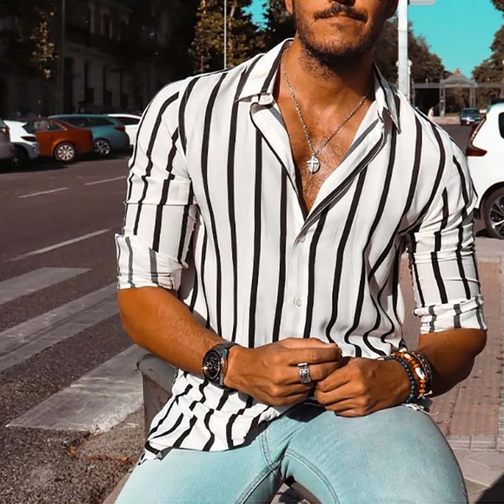 

Casual Striped Shirts Men Slim Fit Streetwear Black White Long Sleeve Shirt Autumn Tops Silk Digital Print Satin Blouse New 2022
