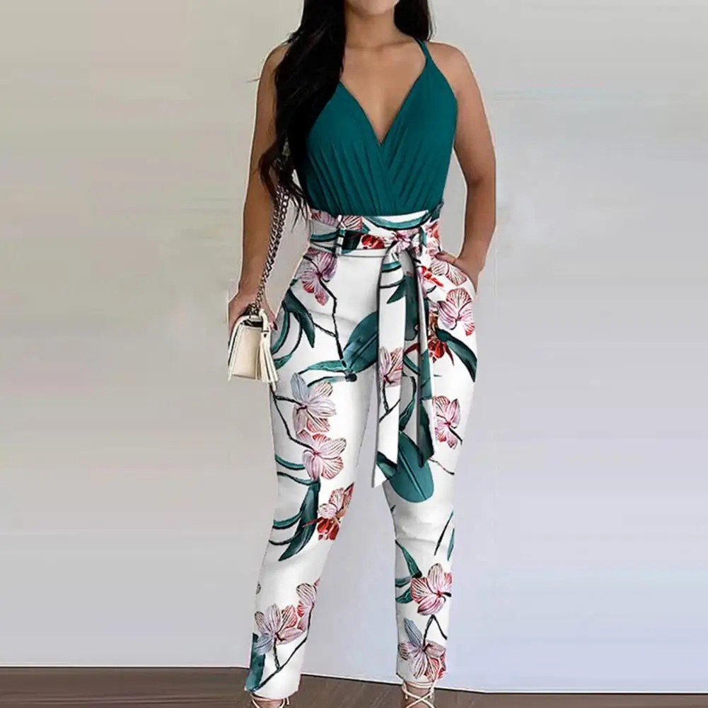 

Elegant Fashion Women Romper Printed Deep V Neck Sleeveless Jumpsuit Lace-up Belt Casual Retro High Waist Slim Wide Leg Jumpsuit