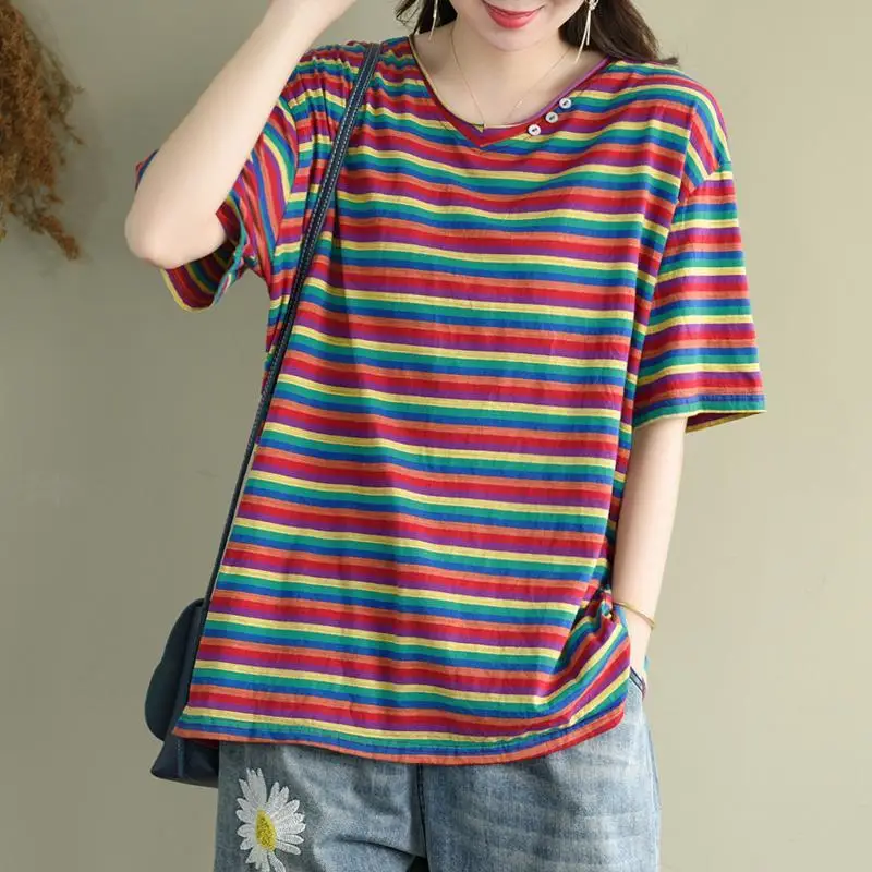 

Женский хлопковый топ с коротким рукавом, Новинка лета 2022, Женская свободная футболка в полоску, женская футболка оверсайз