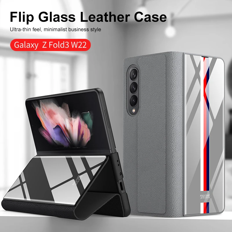 

GKK Original Case For Samsung Z Fold 3 5G Case Luxury Painted Tempered Glass Leather Full Protective For Samsung Z Fold 3 Cover