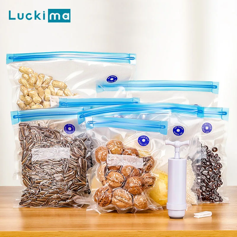 Vacuum Food Storage Zipper Bags Reusable BPA-Free Sous Vide Bags with Vacuum Hand Pump Fruit Meat Nut Vacuum Sealer Saver Bag