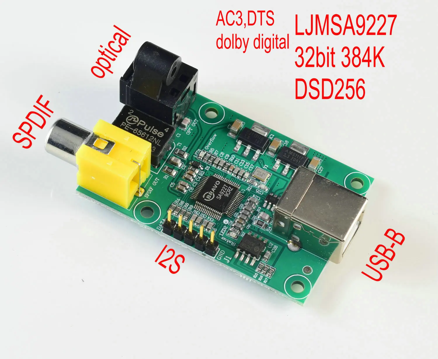 Mini SA9227 USB к SPDIF оптический I2S стерео HiFi ЦАП Плата DSD256 32 бит 384K поддержка AC3 DTS DOLBY