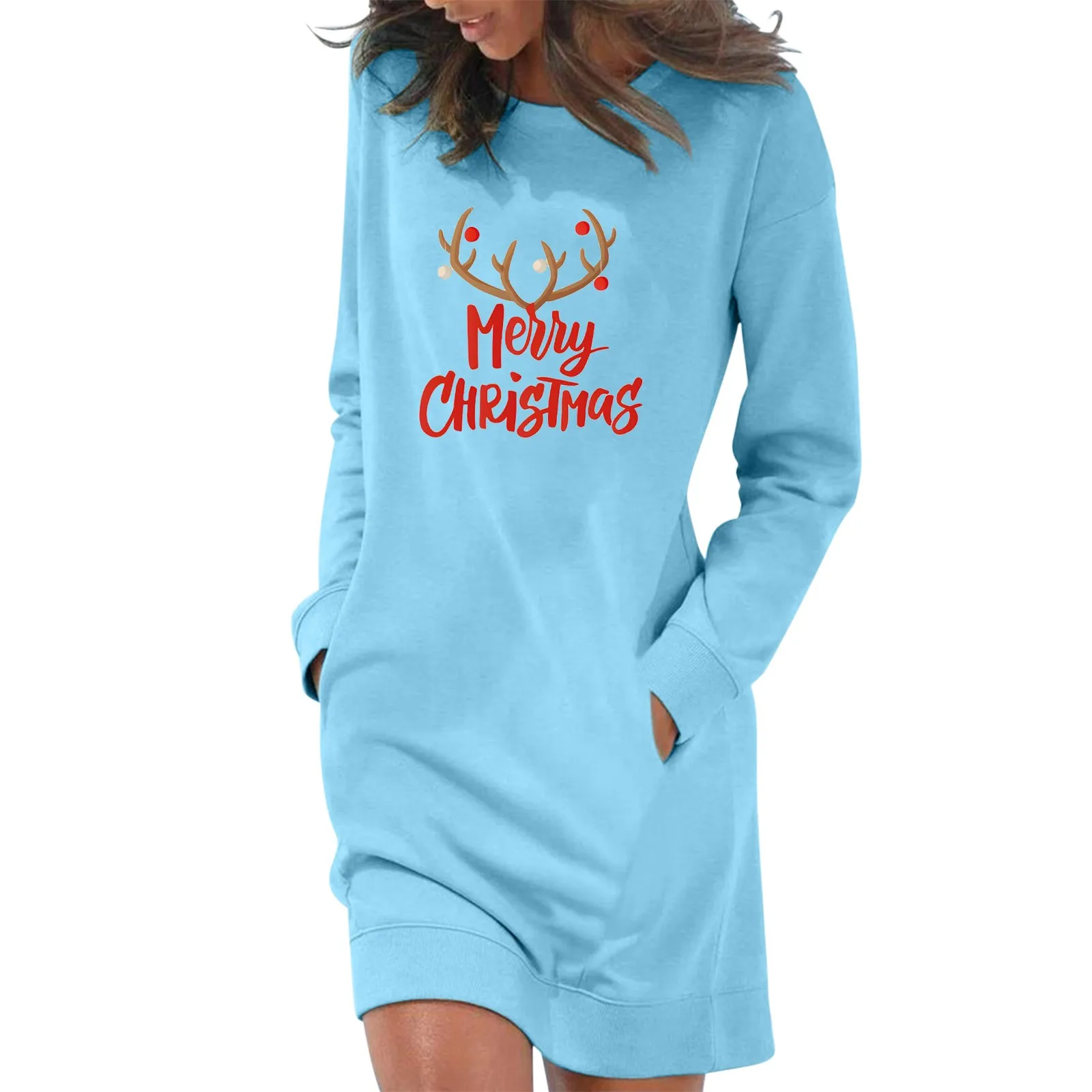 

Women Fashion Loose Long Sleeve Pocket Christmas Print Long Pullover Sweatshirt Skirt Woman Tan Dress