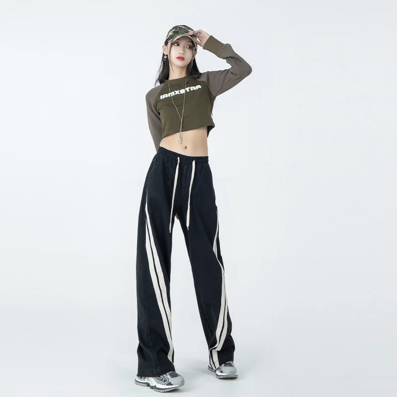 

Retro Design Sense Striped Stitching Jeans Women's High Street Straight Wide Leg Sports Casual Pants pants