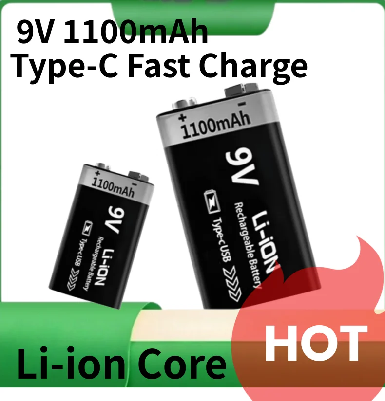 Фото Литиевая аккумуляторная батарея 1100 мАч 9В с USB-C, 9-вольтовая Li-ion для детектора дыма, мультиметра, будильника №1