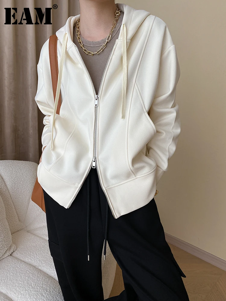 

[EAM] Loose Fit Apricot Double Zipper Big Size Jacket New Hooded Long Sleeve Women Coat Fashion Tide Spring Autumn 2023 1DH0160