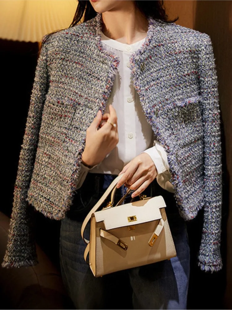 Женское твидовое пальто сезон весна-осень 2024 классическое цельное из органели с