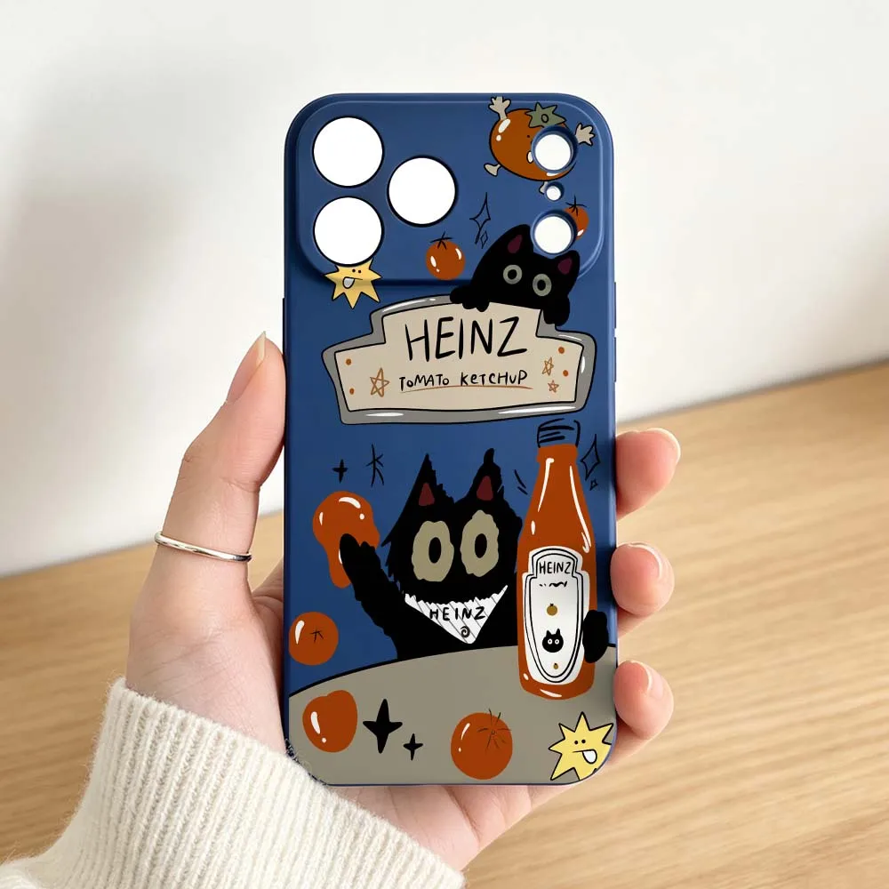 Фото Мягкий чехол для телефона Apple iPhone 17 16 16e 15 14 13 12 Air Pro Max Plus Mini с мультяшным дизайном Heinz Black Cat Ketchup №3