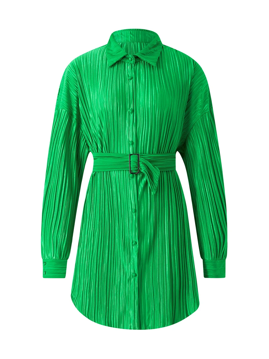 

Женское платье-рубашка с поясом, длинным рукавом и отложным воротником