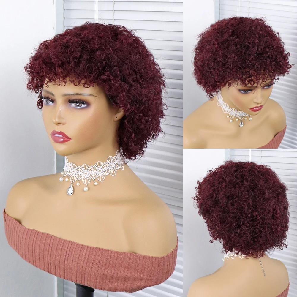 

Full Machine Short Afro Curly Sassy Human Hair Wigs for Black Women Brazilian Remy Human Hair Wig No Lace With Bangs Glueless