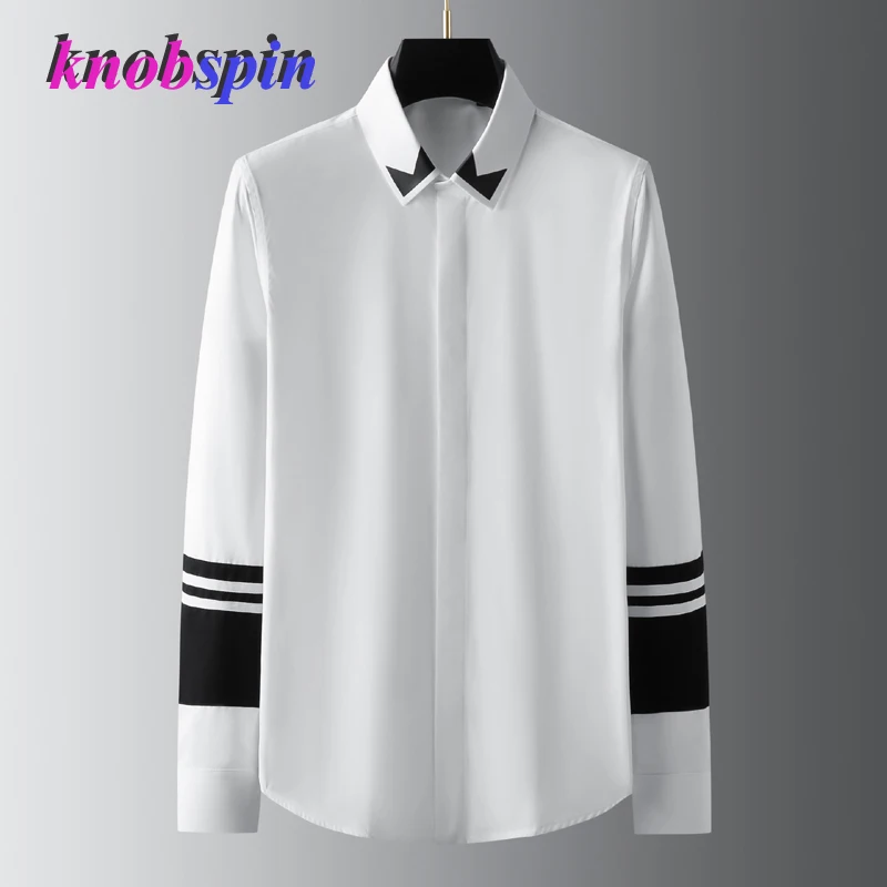 Brand New Design Cotton Men Shirt Fashion White And Black Splicing Slim Long Sleeve Male Dress Shirts Plus Size Shirt M-4XL