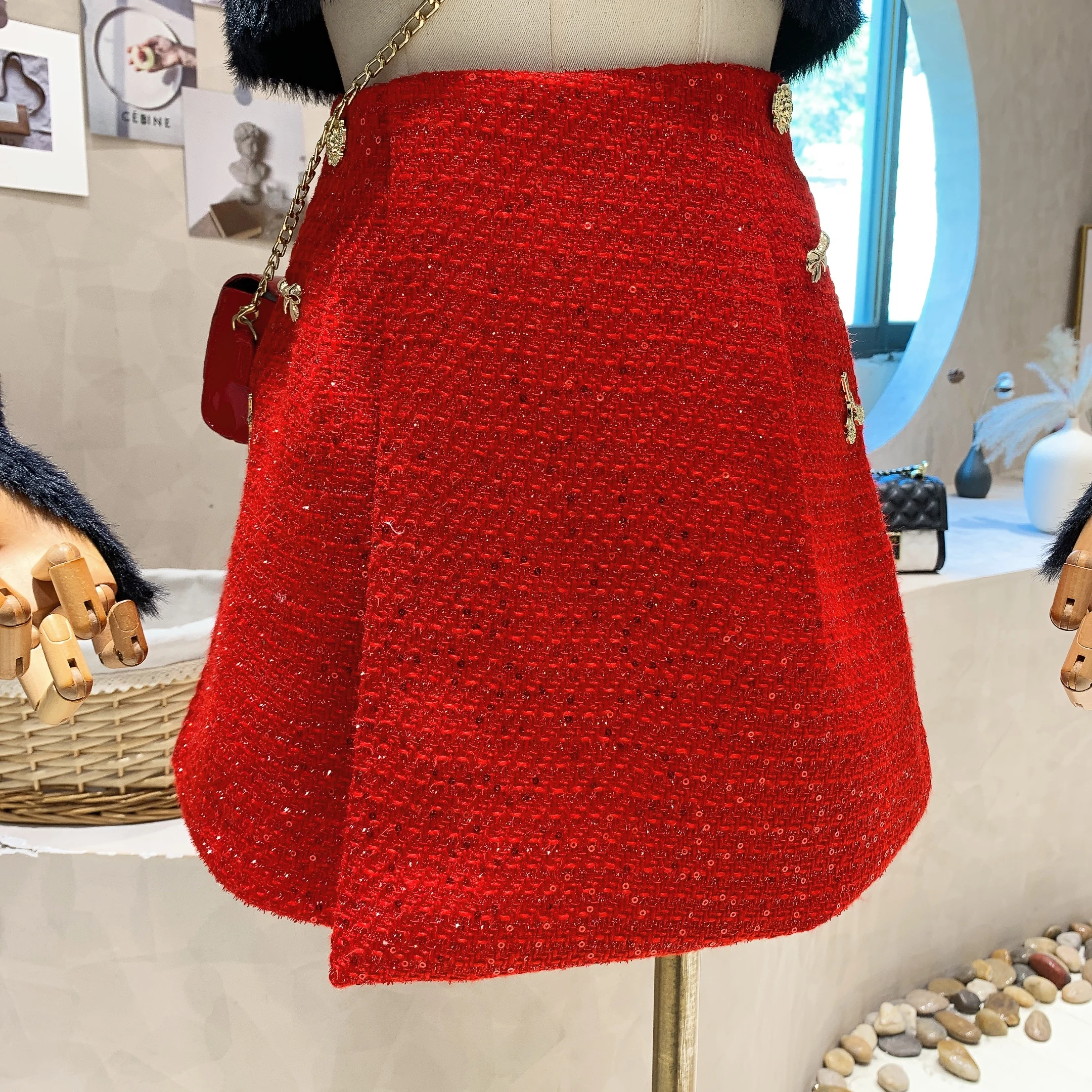 Love Diamond Button Tweed Sequins Shorts Women Autumn Winter High Waist Temperament Small Fragrance Boots