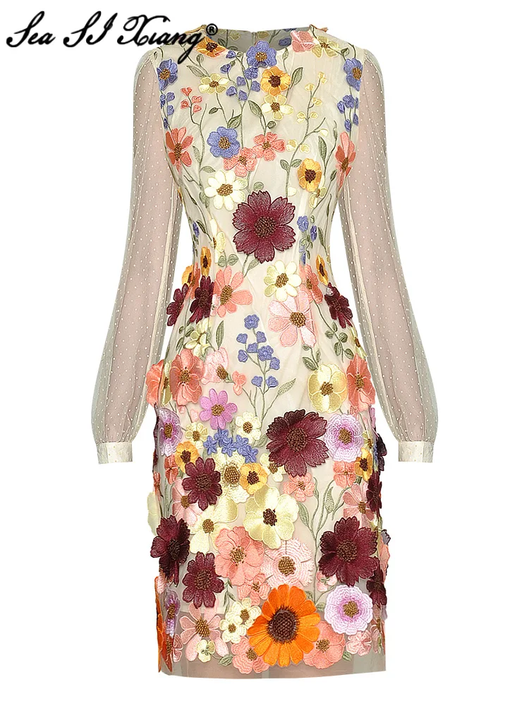 

Seasixiang Fashion Designer Summer Mesh Dress Women O-Neck Long Sleeves Flowers Embroidery Appliques Vintage Dresses