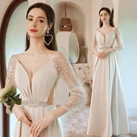 waist hollow out celebrity apricot french chinese women dress long sleeve bride wedding evening party gown v neck qipao vestidos