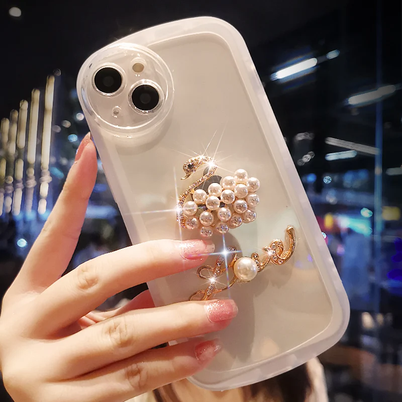 

Mobile Phone Case Pearl Crystal Case for IPhone 12 11 13 Swan Jewelry Lens Protection Sticker for IPhone 13 12 11 Pro Max Case