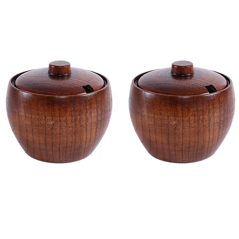 

2X Solid Wood Spice Jar Sugar Bowl Salt Pepper Seasoning Box Japanese Style With And Lid Kitchen Tool