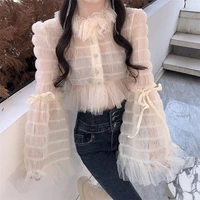 chic sweet gauze stand collar blouse for women spring summer elegant single breasted flare sleeve crop blouse lady cute shirt