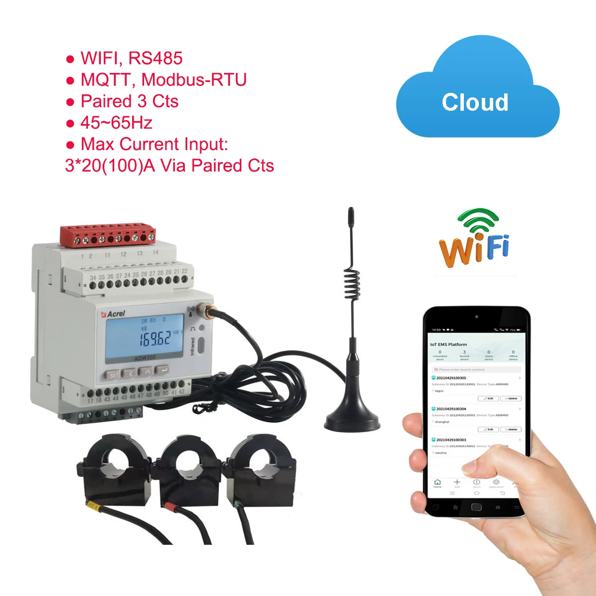 

Rs485 Modbus-RTU MQTT Protocol 3 Phase Iot Wireless Electricity Energy Meter Wifi Communication with 3*20(100)A Split Core Cts
