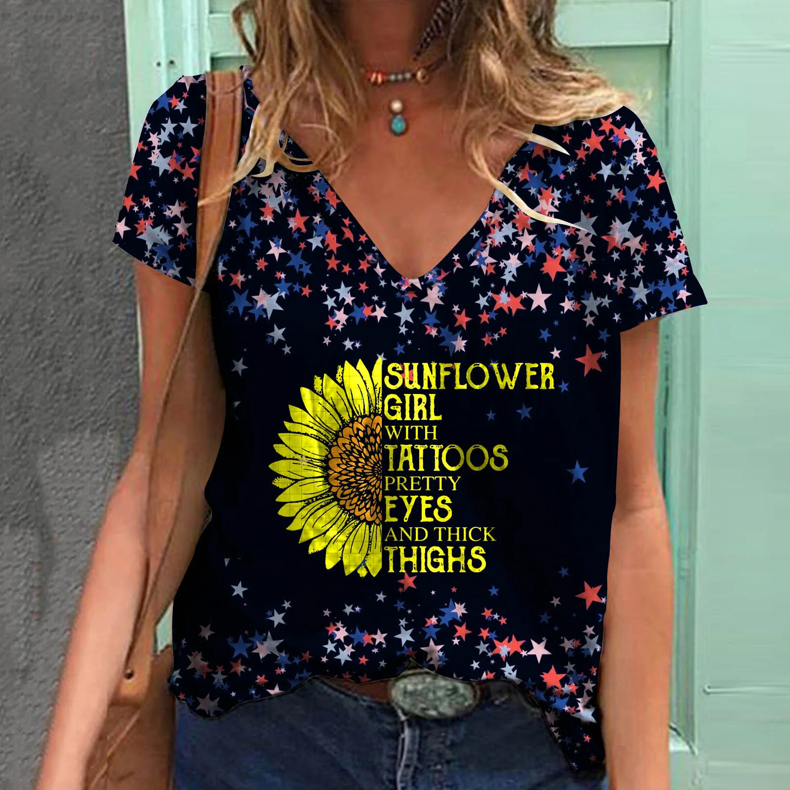 

Женская футболка с V-образным вырезом, с коротким рукавом