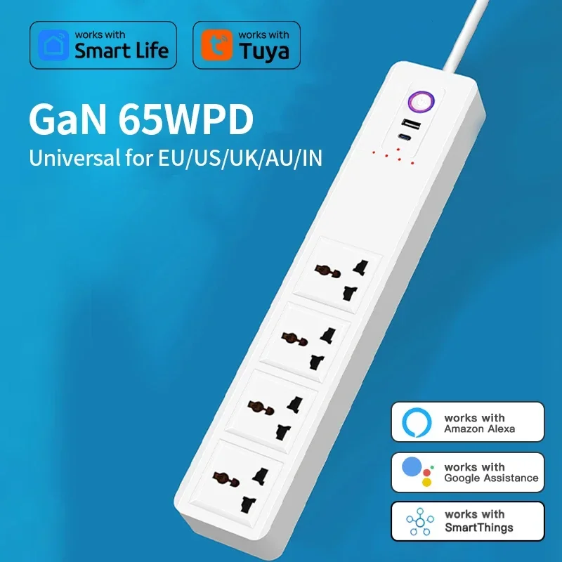 Фото Универсальный удлинитель питания GaN PD65W Tuya Smart Life, преобразователь выходной мощности для ЕС, США, Австралии, Великобритании, розетка с голосовым ассистентом Google и Alexa №1