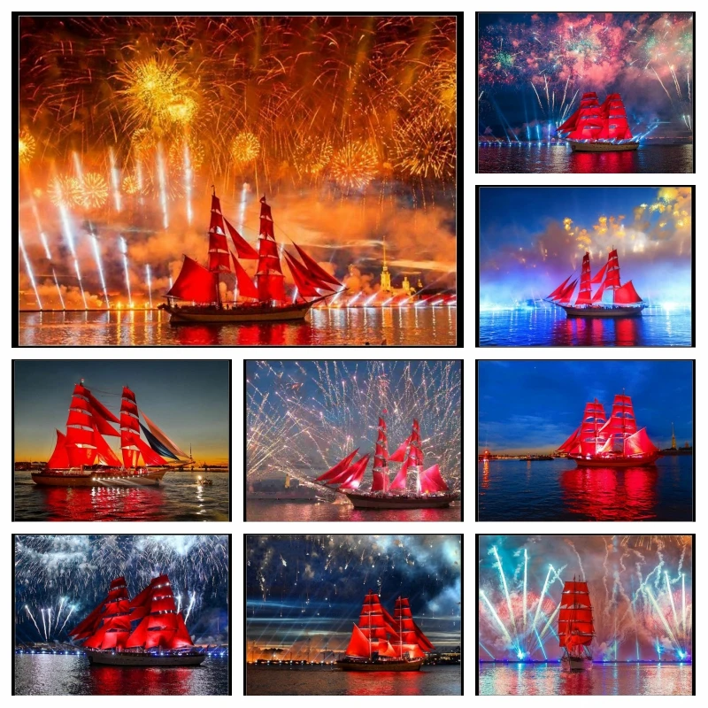 Sailing Ship Diamond Painting Embroidery Complete Kit Fireworks Boat Diamond Mosaic Landscape Scarlet Sails Wall Deocr Sailboat