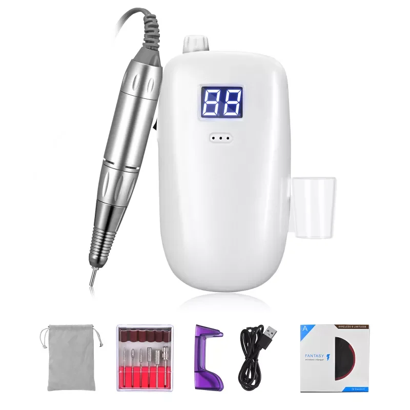 Electric Nail Drill Machine 35000RPM Portable Rechargeable Pedicure With Wireless Charger 6 Bits 6 Sanding Bands For Home Salon