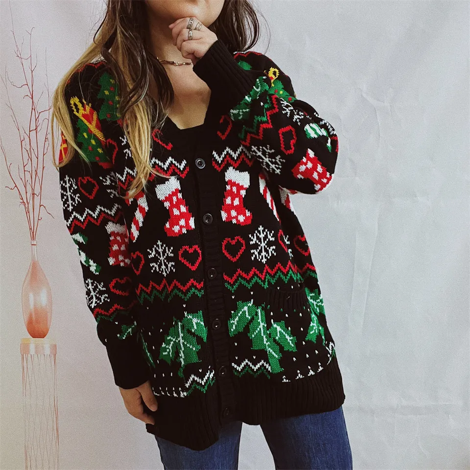 

Christmas Cardigan Sweater Women Autumn Winter Simple Pullover Knit Elastic Jumper Casual Thick Warm Y2k Black Jacquard Jumpers