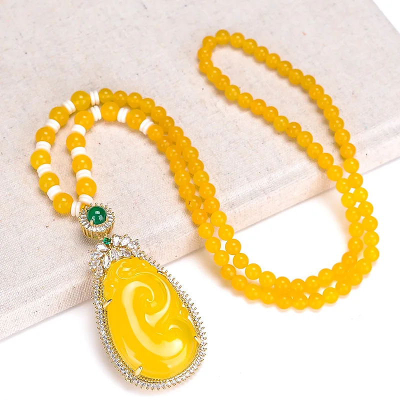 

Natural Yellow Jade Pendant With Zircon Emerald Beaded Necklace Women Fashion Charms Jewellery Sweater Chain Luxury Necklaces