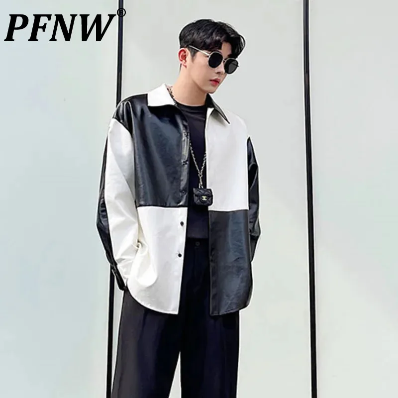

Мужская рубашка с длинным рукавом PFNW, черно-белая кожаная рубашка контрастных цветов с длинным рукавом, в Корейском стиле, весна-осень 12Z6354