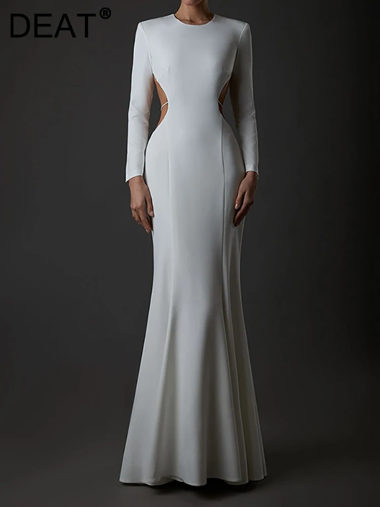 

[DEAT] Women's Evening Dress Round Collar Long Sleeve Bandage Backless White Fishtail Skirt Dresses Spring 2023 New 13DB1270