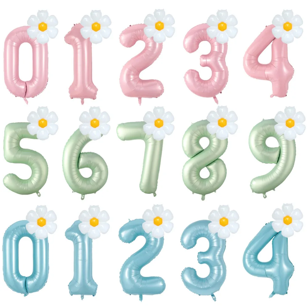 

2pcs Daisy Foil Balloon Set Macaron Pink Blue Green 40/32inch Number Balloon 0-9 Children Birthday Party Decoration Baby Shower