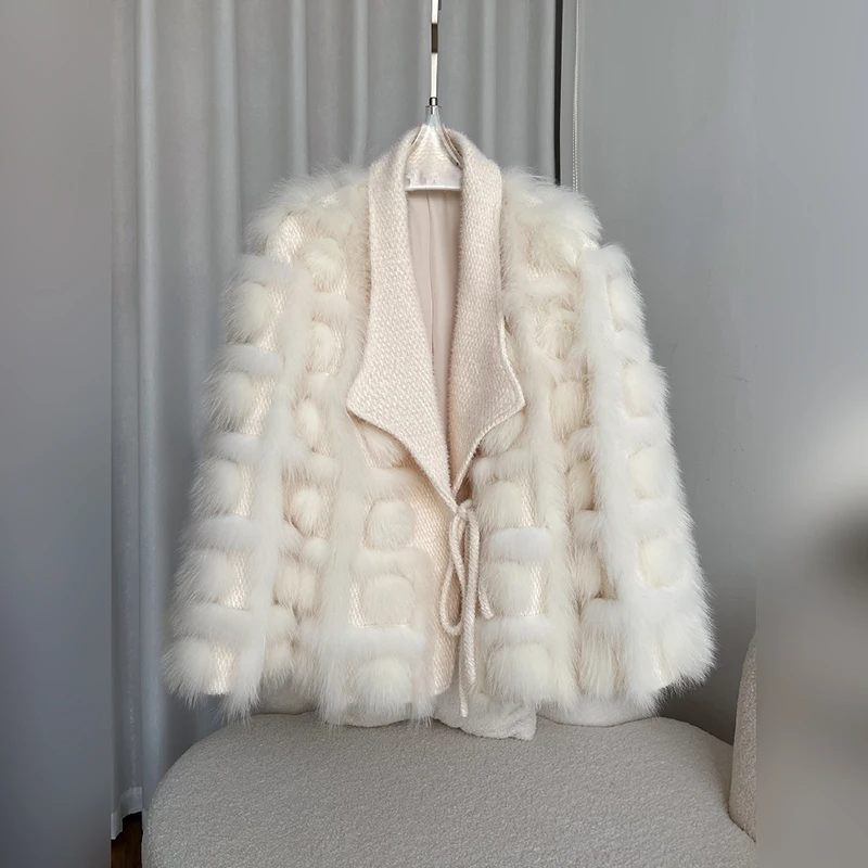 Plaid Woven Real Fox Fur Coat Women Winter New Belt V-neck Casual Tops 2022 New Hairy Luxury Fashion Genuine Fox Fur Jacket Lady enlarge