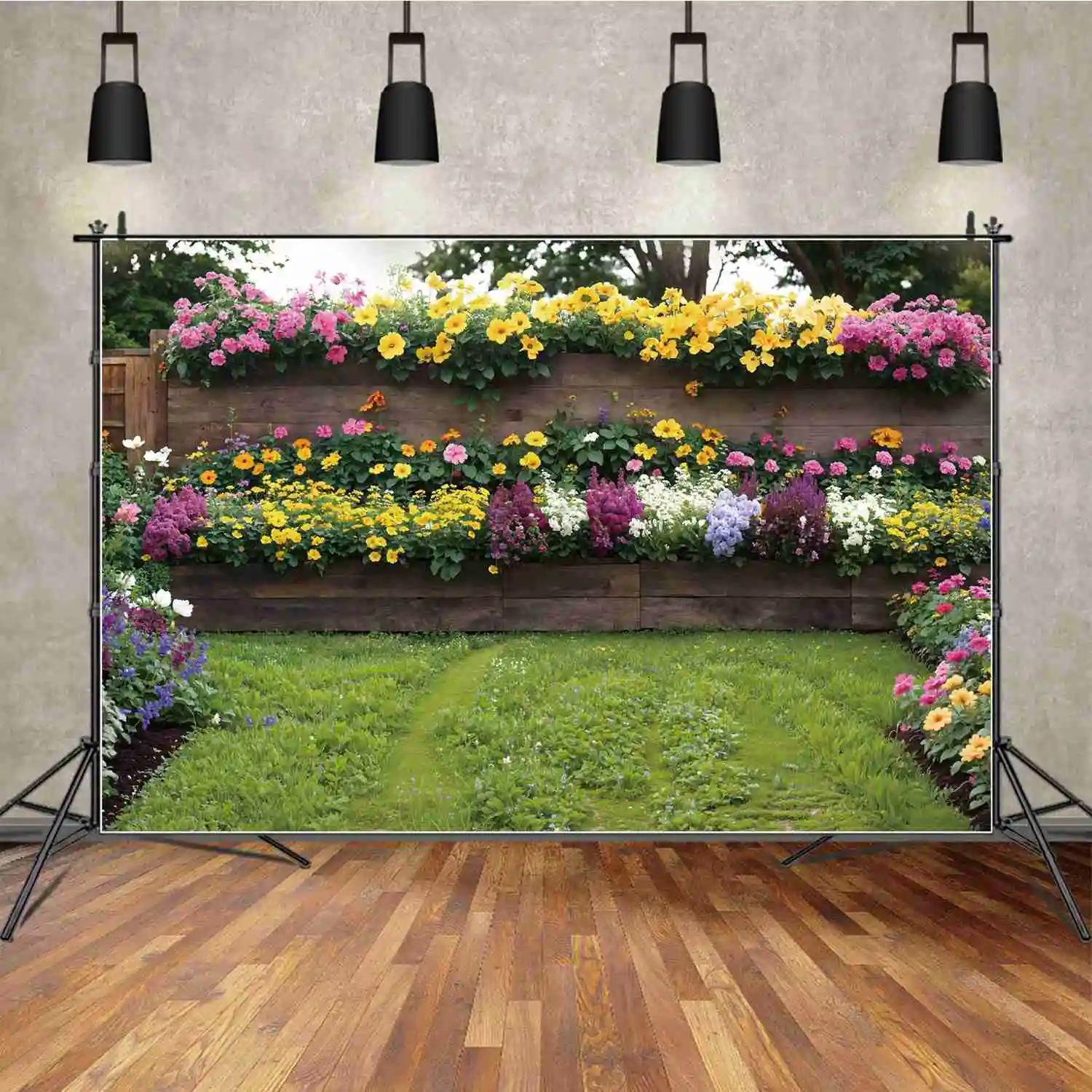 

Flower Garden Scenery Backdrops Photography Spring Party Blossom Wooden Fence Grassland Custom Children Photo Background Banners