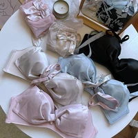 sweet satin small bra and panty set detachable bow no steel ring gathering anti sagging big flower lingerie set sexy bralette