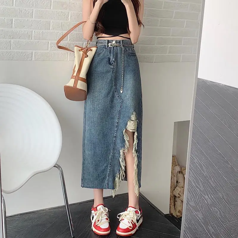 

Fashion Split Hem Irregular Denim Skirt Ladies Summer New High Waist A-line Slim Sexy Skirts Korean Trend Women Clothing