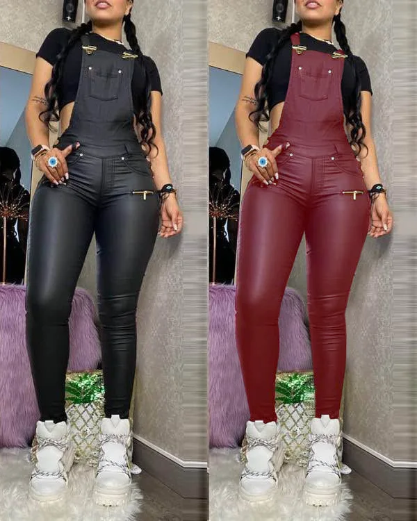 

Women PU Leather Spaghetti Straps Jumpsuit