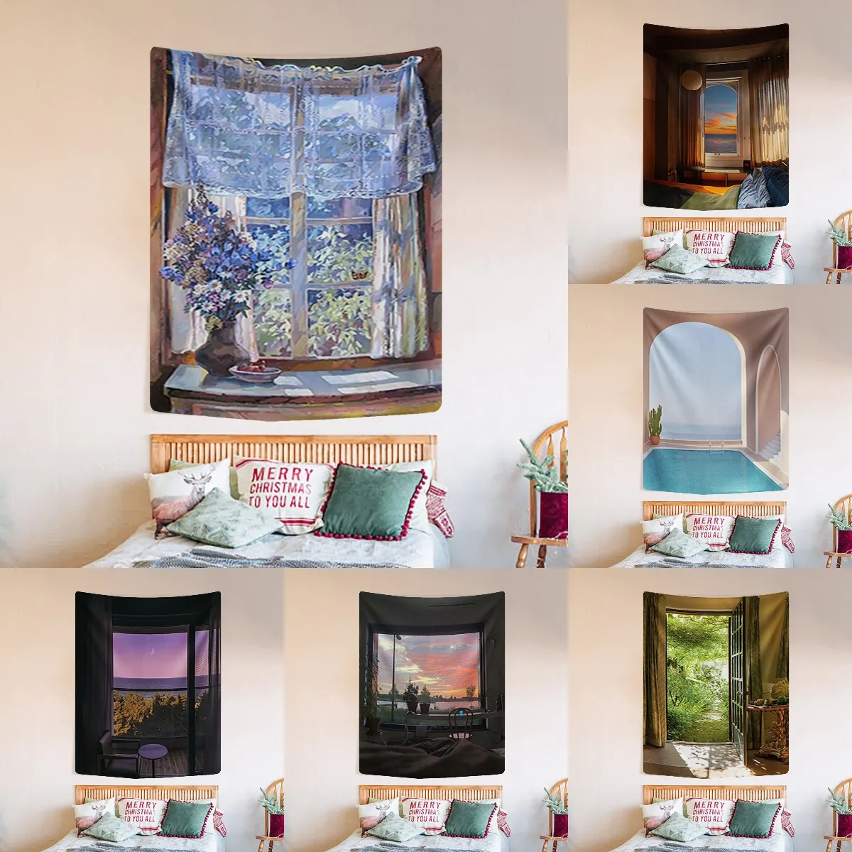

Bohemian Style Dormitory False Window Hippie Beautiful Scenery Background Cloth Tapestry Decoration Aesthetic Room Decor Blanket