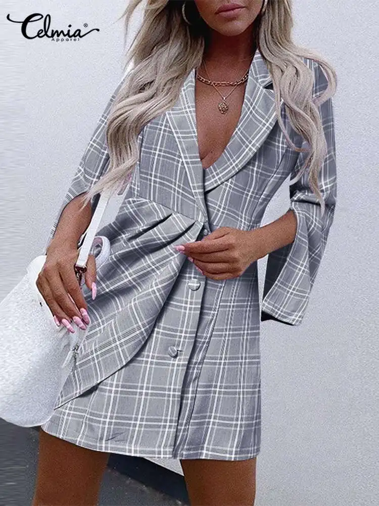 

Celmia 2023 Autumn Notched Collar Suit Dress Elegant Pleated Robes Long Sleeve Women Short Vestidos Checked Plaid Blazer Dress