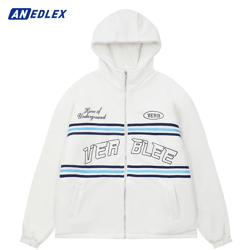 

Vintage White Fleece Hooded Padded Jacket Letter Embroidery Stripe Jacket Coat Hip Hop Streetwear Harajuku Cotton Thick Outwear