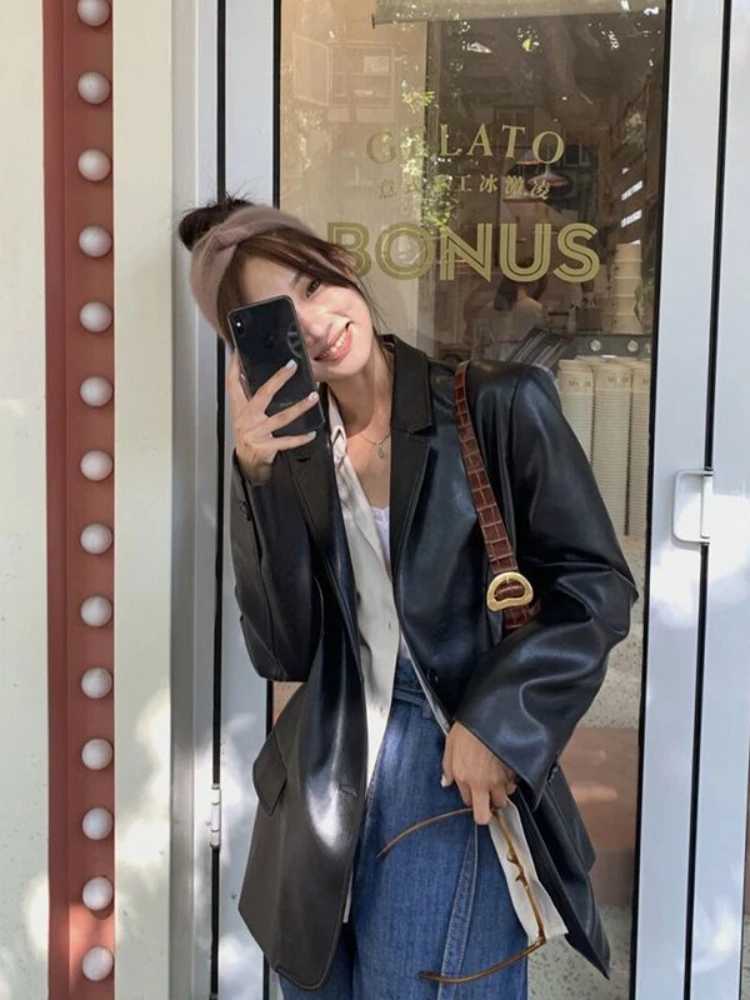 Suit Leather Jacket Women's Spring and Autumn New Casual Niche Pu Leather Premium Sense Black Suit Top Women Clothing Coat