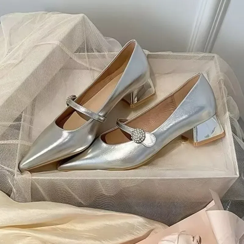 Женские туфли-лодочки с острым носком серебристые на низком каблуке