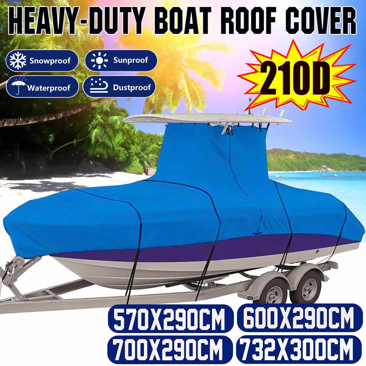 

210D Boat Cover Waterproof Heavy-Duty Center Console T-Top Roof Boat Cover Sunscreen 4 Big Sizes for 16-24 ft Boat Blue