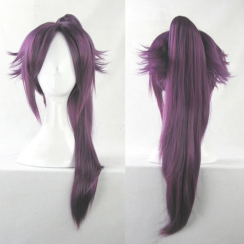 

BLEACH Shihouin Yoruichi Cosplay Wigs High-temperature Fiber Synthetic Hair Purple Mixed Long Chip Ponytail Wig Cap