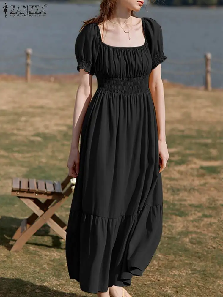 

Платье ZANZEA женское однотонное до щиколотки, праздничный вечерний сарафан с коротким рукавом и квадратным вырезом, элегантная повседневная ...